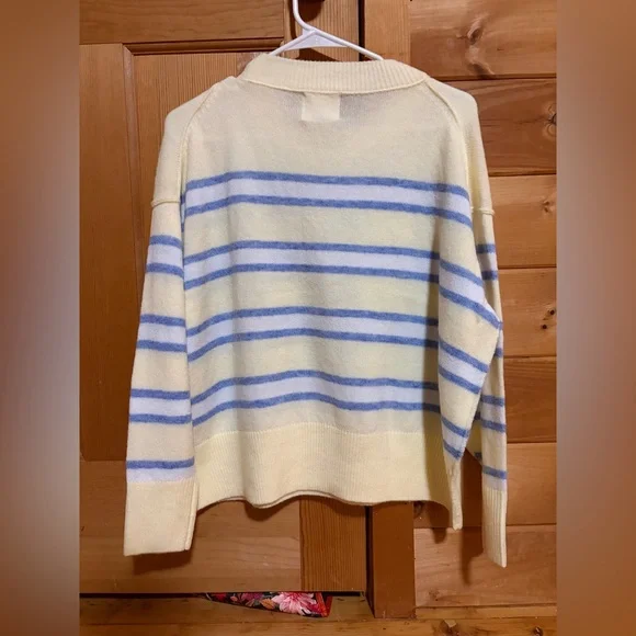 Cozy Striped Cream and Blue Women's Sweater - Picture 2 of 3